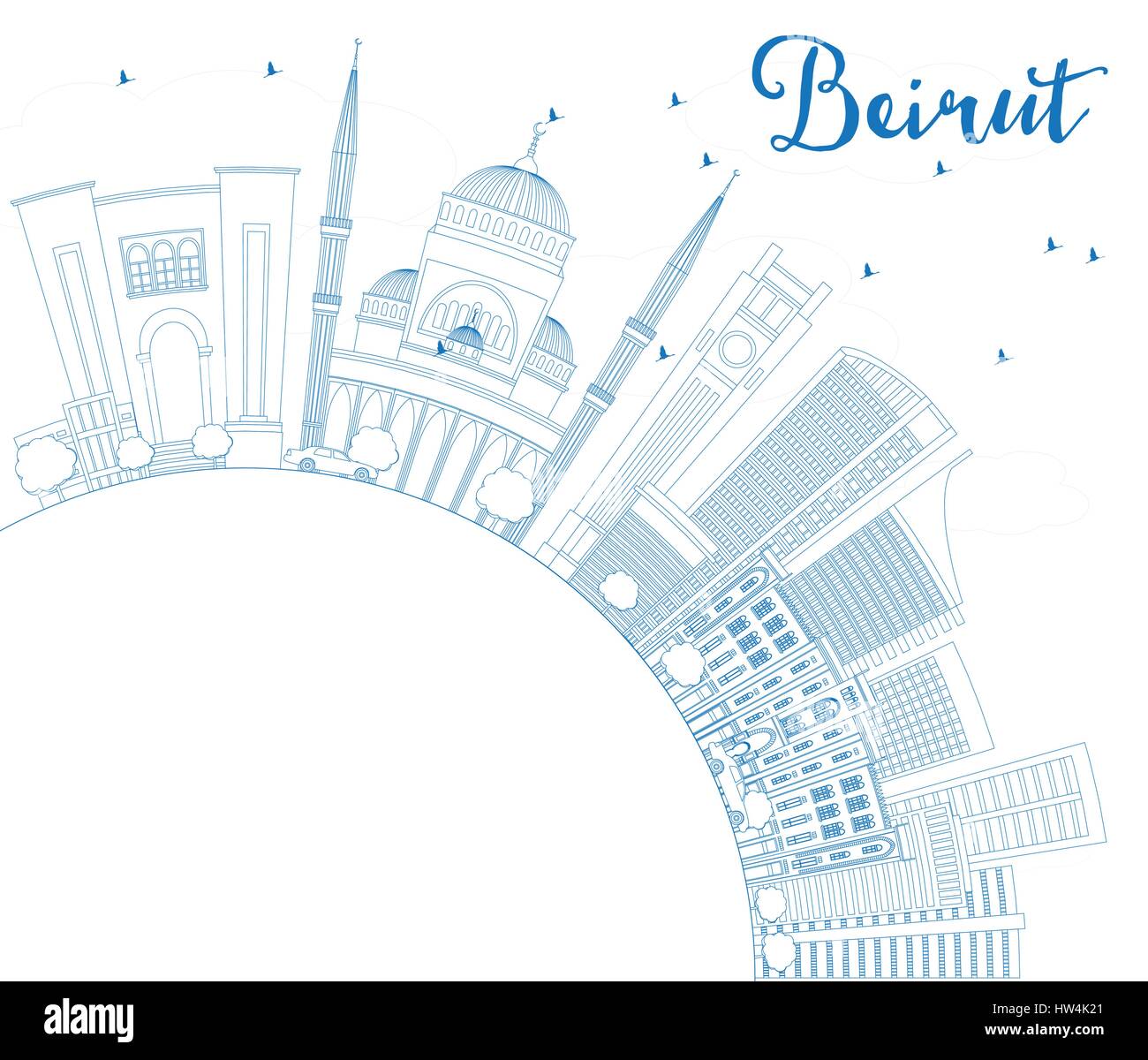 Profilo dello Skyline di Beirut con edifici blu e copia di spazio. Illustrazione Vettoriale. Viaggi di affari e di turismo con il concetto di architettura moderna. Illustrazione Vettoriale