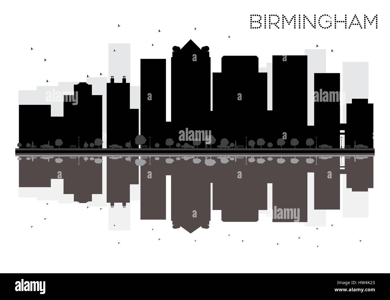 Birmingham City skyline in bianco e nero con silhouette riflessioni. illustrazione vettoriale. semplice piatto concetto per il turismo presentazione, banner Illustrazione Vettoriale