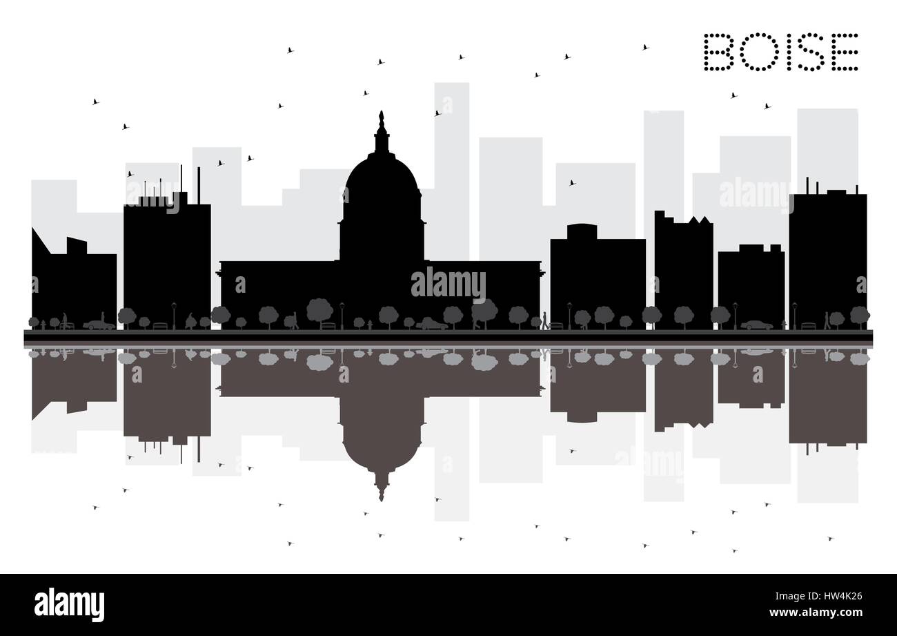 Boise City skyline in bianco e nero con silhouette riflessioni. illustrazione vettoriale. semplice piatto concetto per il turismo presentazione, banner, cartellone Illustrazione Vettoriale