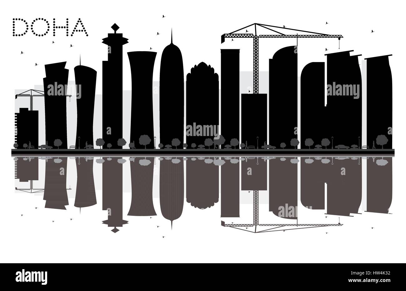 Doha skyline della città in bianco e nero con silhouette riflessioni. Illustrazione Vettoriale. Piatto semplice concetto per il turismo presentazione, banner Illustrazione Vettoriale