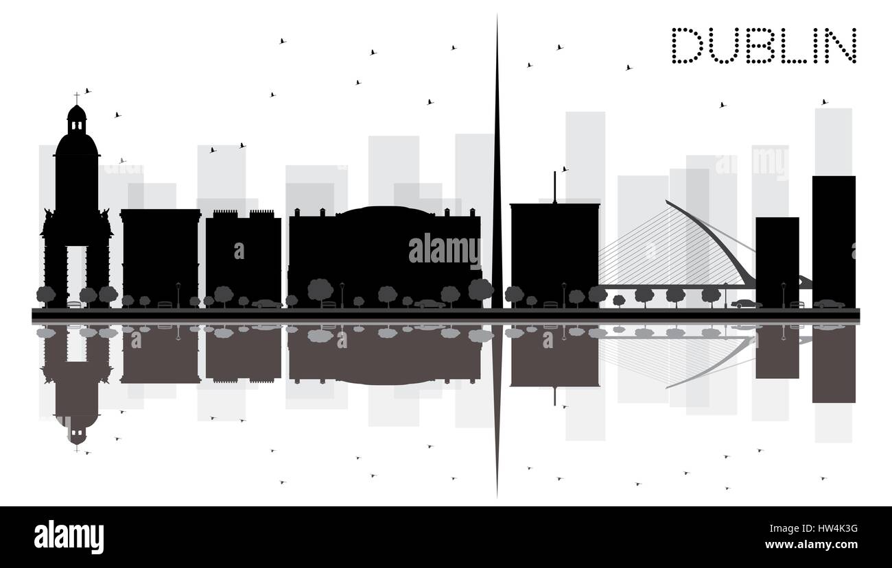 Dublin City skyline in bianco e nero con silhouette riflessioni. Illustrazione Vettoriale. Piatto semplice concetto per il turismo presentazione, banner Illustrazione Vettoriale