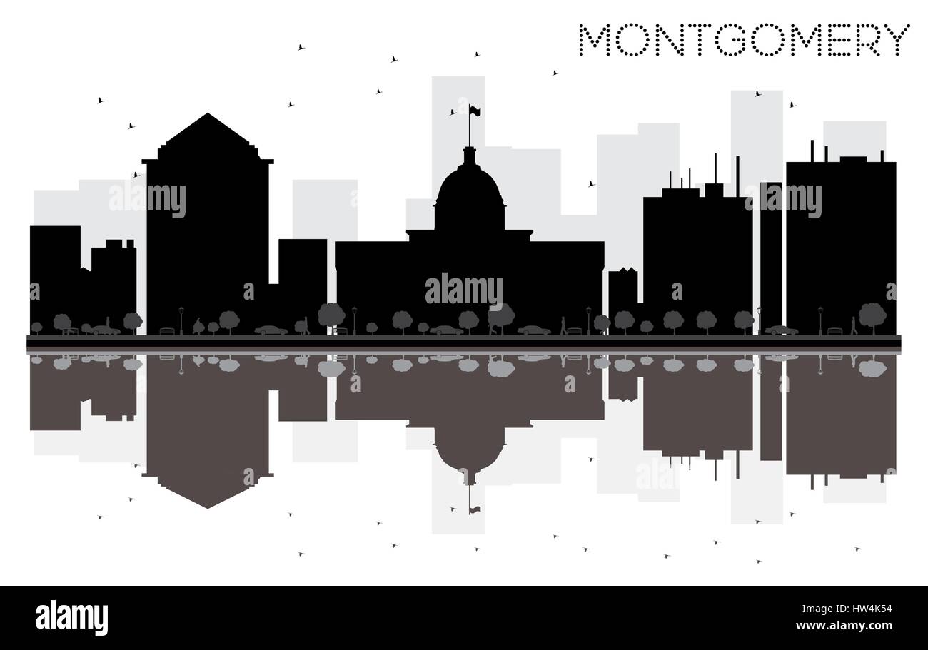 Montgomery skyline della città in bianco e nero con silhouette riflessioni. Illustrazione Vettoriale. Piatto semplice concetto per il turismo presentazione, banner Illustrazione Vettoriale