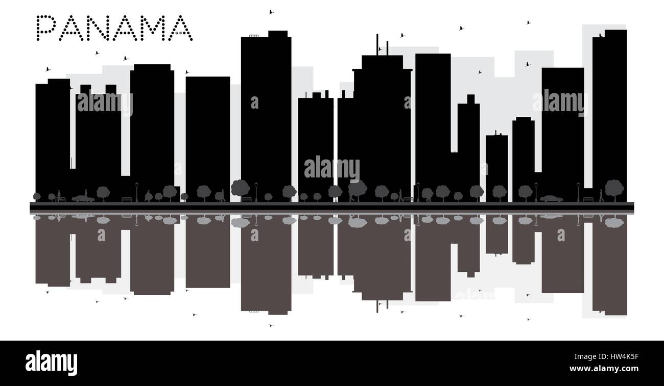 Panama city skyline in bianco e nero con silhouette riflessioni. illustrazione vettoriale. semplice piatto concetto per il turismo presentazione, banner, cartellone Illustrazione Vettoriale