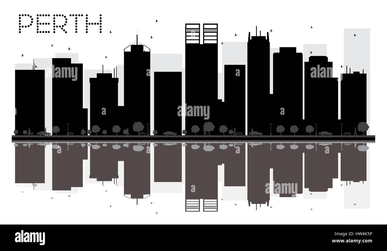 La città di Perth skyline in bianco e nero con silhouette riflessioni. Illustrazione Vettoriale. Piatto semplice concetto per il turismo presentazione, banner Illustrazione Vettoriale