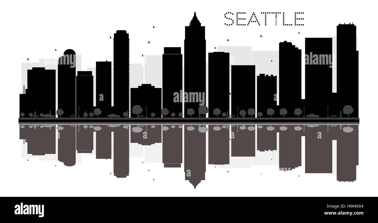 Seattle skyline della città in bianco e nero con silhouette riflessioni. illustrazione vettoriale. semplice piatto concetto per il turismo presentazione, banner Illustrazione Vettoriale