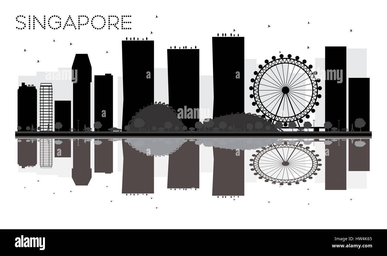 Singapore skyline della città in bianco e nero con silhouette riflessioni. illustrazione vettoriale. semplice piatto concetto per il turismo presentazione, banner, cartellone Illustrazione Vettoriale