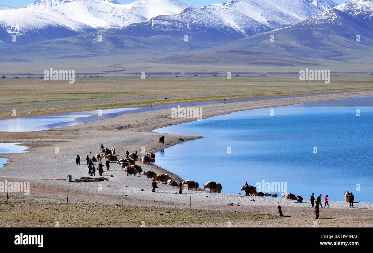 Bellissimo lago Namtso paesaggio con picco di neve montagne intorno ad esso - il lago sacro in Tibet Foto Stock