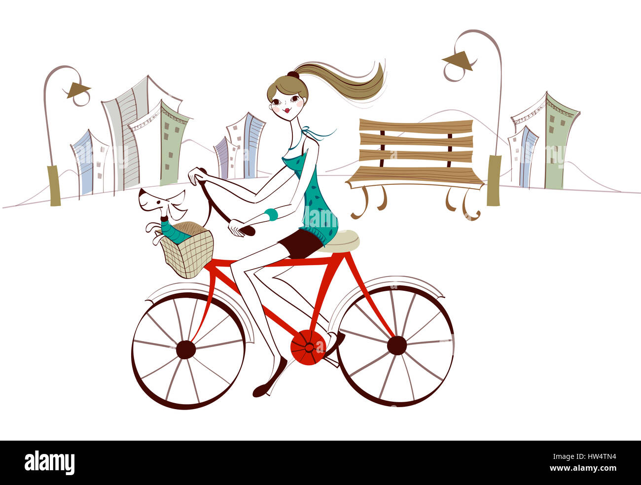 L'architettura,panchina,bicicletta,corsa,marrone capelli,esterno dell'edificio,struttura edilizia,cartoon,abbigliamento casual, città, località città,clipart,colore,colore,immagine a colori,computer grafica,giorno,generati digitalmente,immagine piena Foto Stock