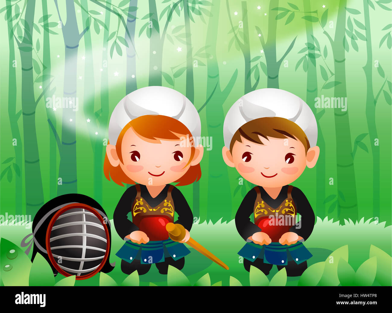 Ragazzi,BOY,maschio,cartoon,l'infanzia,solo bambini,clipart,close-up,colore,colore,immagine a colori,computer grafica,giorno,generati digitalmente immagine,maschera facciale,forest,l'amicizia,amici,vista frontale,a piena lunghezza,ragazze,ragazza,child,kid,femmina,graphics,l'erba,verde,copricapo,hobby,orizzontale,immagine,kendo,guardando Foto Stock