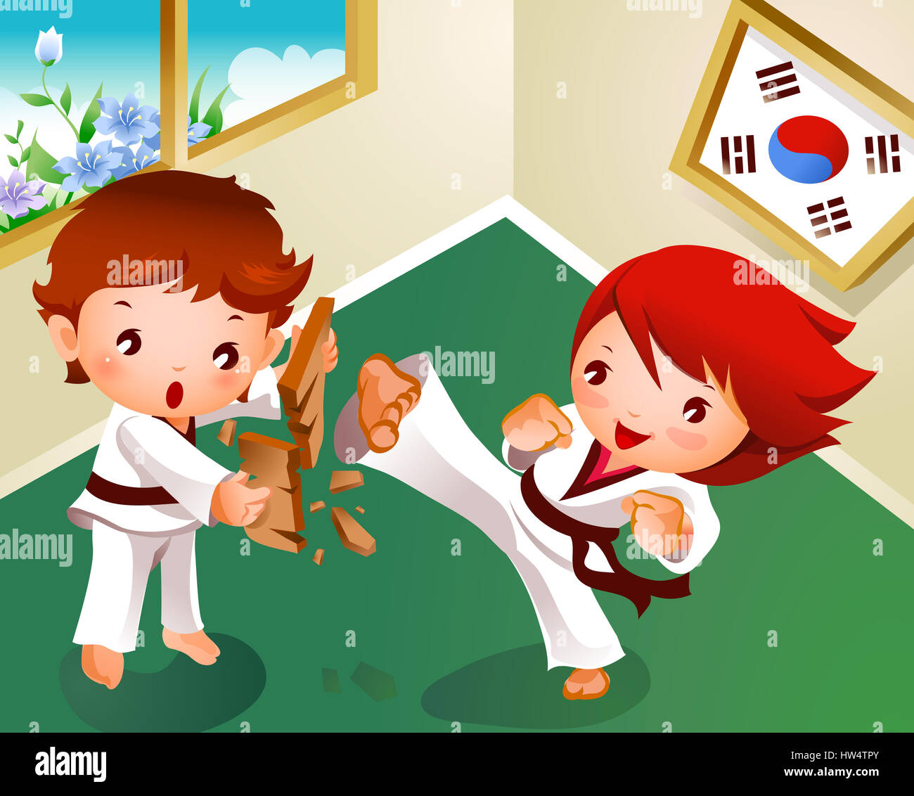 Azione,a piedi nudi,la cintura nera,boys,BOY,kid,maschio, la rottura,TAPPETO,cartoon,bambino,l'infanzia,clipart,abbigliamento,colore,colore,immagine a colori,computer grafica,giorno,generati digitalmente immagine,l'energia,fiore,vista frontale,a piena lunghezza,vetro,graphics,palestra,angolo alto vista,azienda,orizzontale,immagine,all'interno,calci,solo Foto Stock