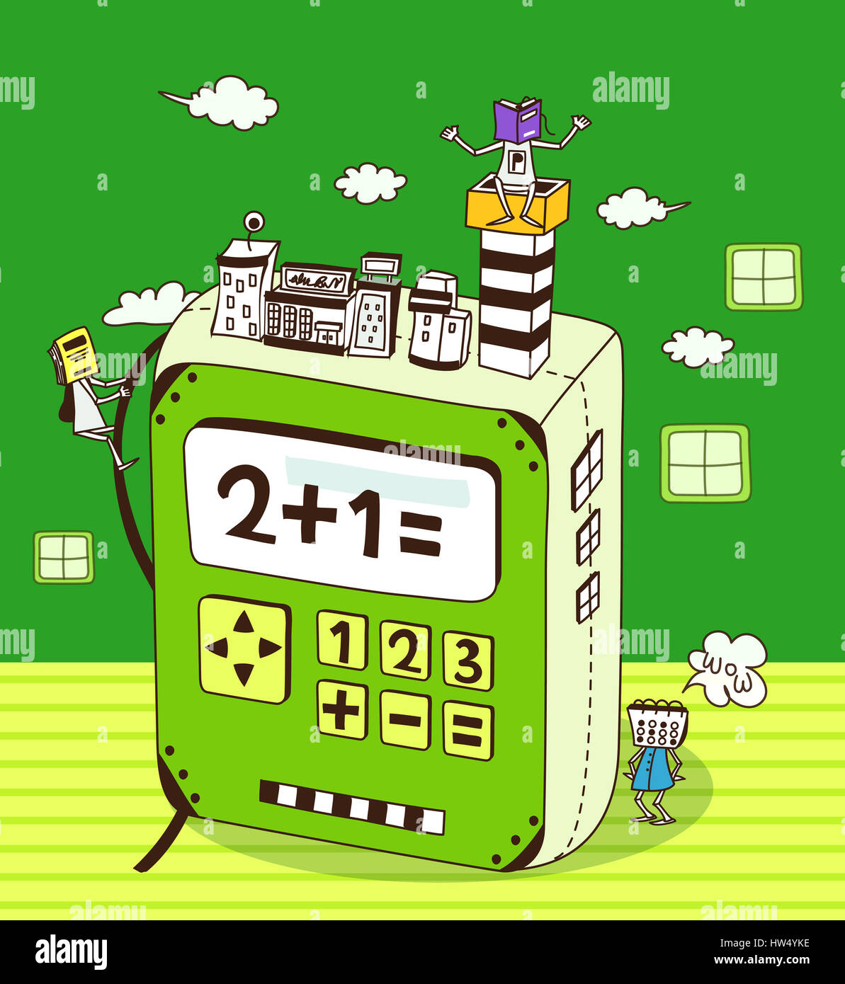 Esterno dell'edificio,struttura edilizia,calcolatrice, scalata, close-up,cloud,immagine a colori,computer grafica,graphics,immagine,vettore,clip art,giorno,generati digitalmente immagine,verde,rappresentazione umana,segno meno,nessuno,numero Foto Stock