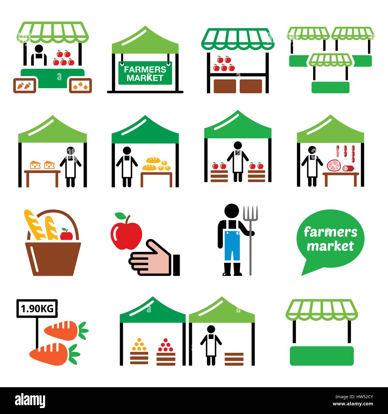 Farmers Market, mercato alimentare con prodotti locali freschi set di icone Illustrazione Vettoriale