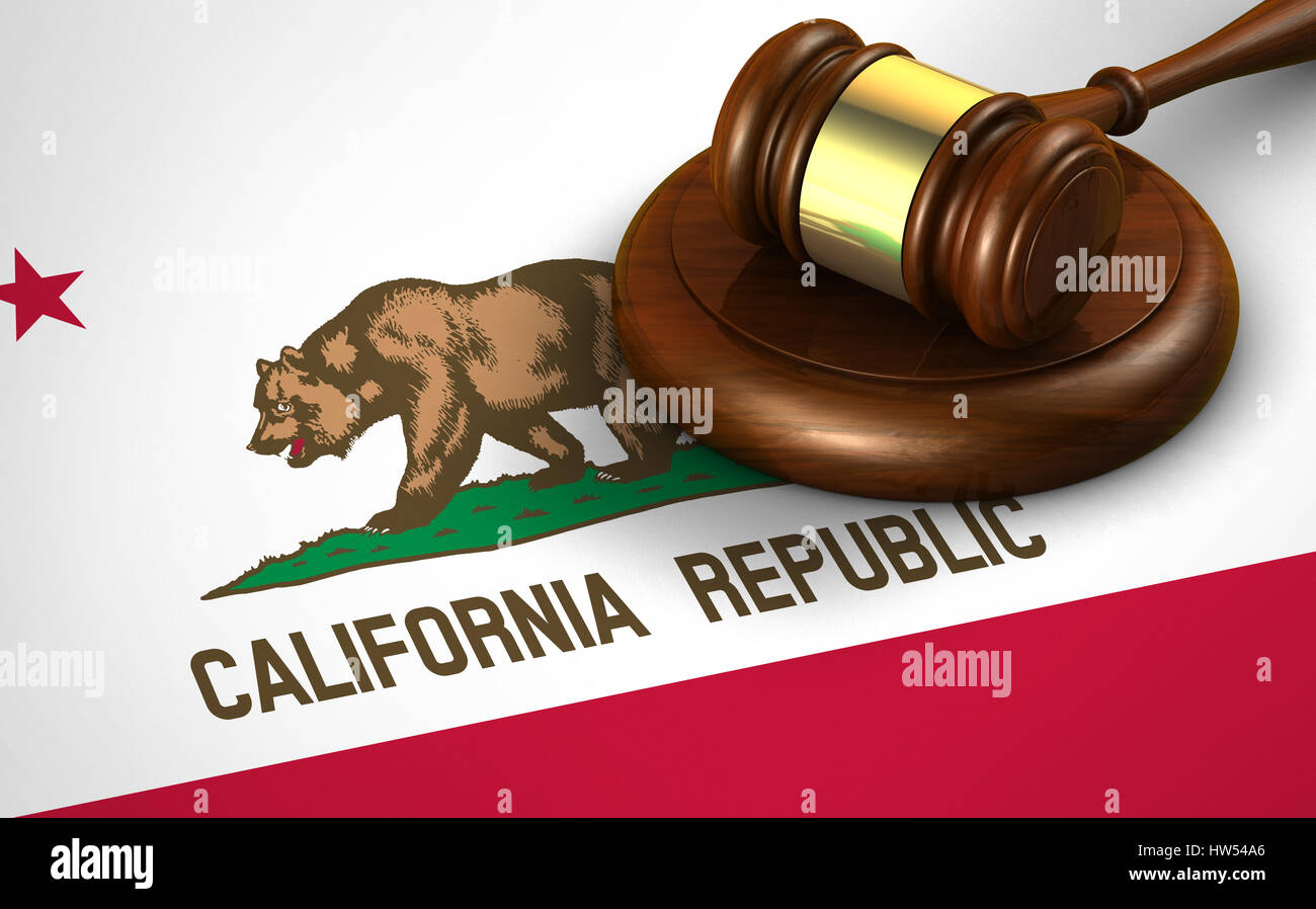 California noi lo stato di diritto, del sistema giudiziario e di giustizia concetto con un rendering 3D di un martello sulla bandiera californiana. Foto Stock