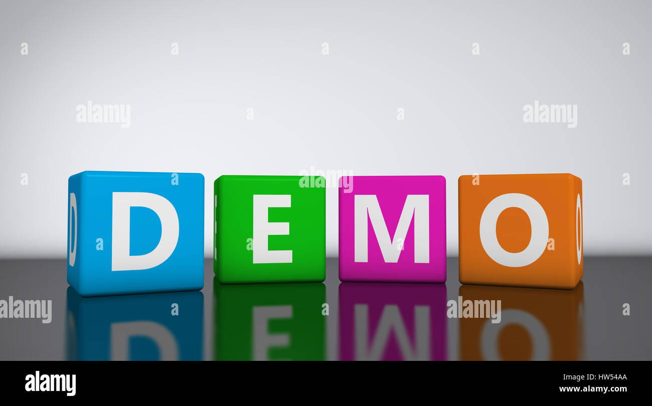 Web e concetto di Internet con la parola demo e segno su cubi colorati 3D'illustrazione. Foto Stock