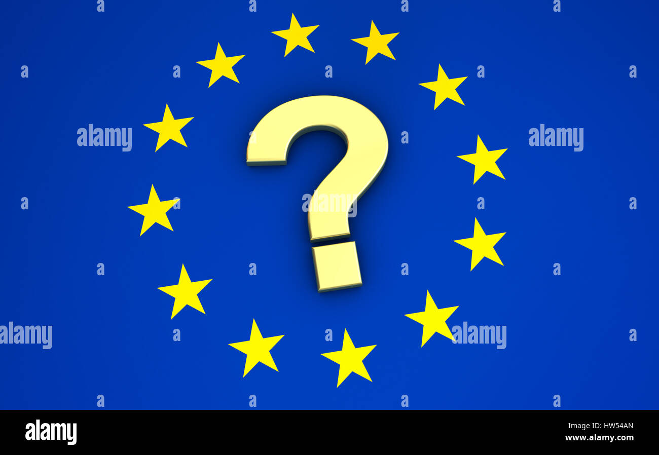Bandiera dell'Unione europea e l'icona a forma di punto interrogativo e il simbolo comunitario UE future concept 3d'illustrazione. Foto Stock