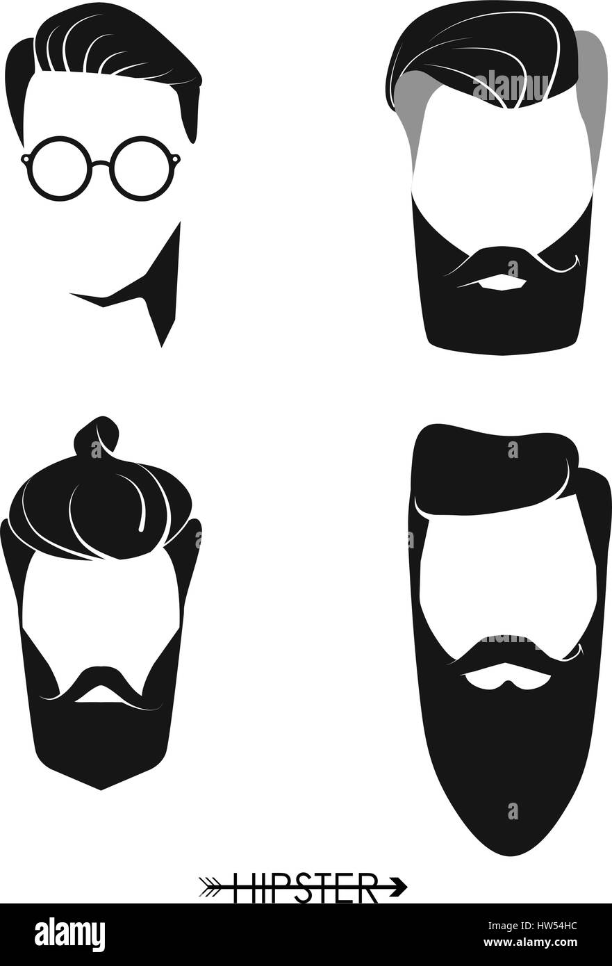 Set di hipster uomo parrucchieri, barbe, mustaches. Design semplice per logo, silhouette. Illustrazione Vettoriale. Illustrazione Vettoriale