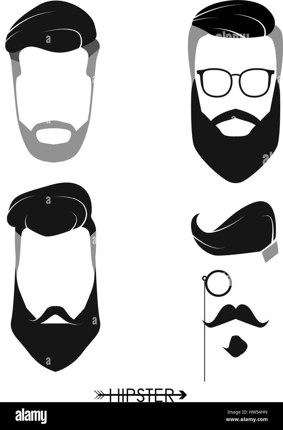 Set di hipster uomo parrucchieri, barbe, mustaches. Design semplice per logo, silhouette. Illustrazione Vettoriale. Illustrazione Vettoriale