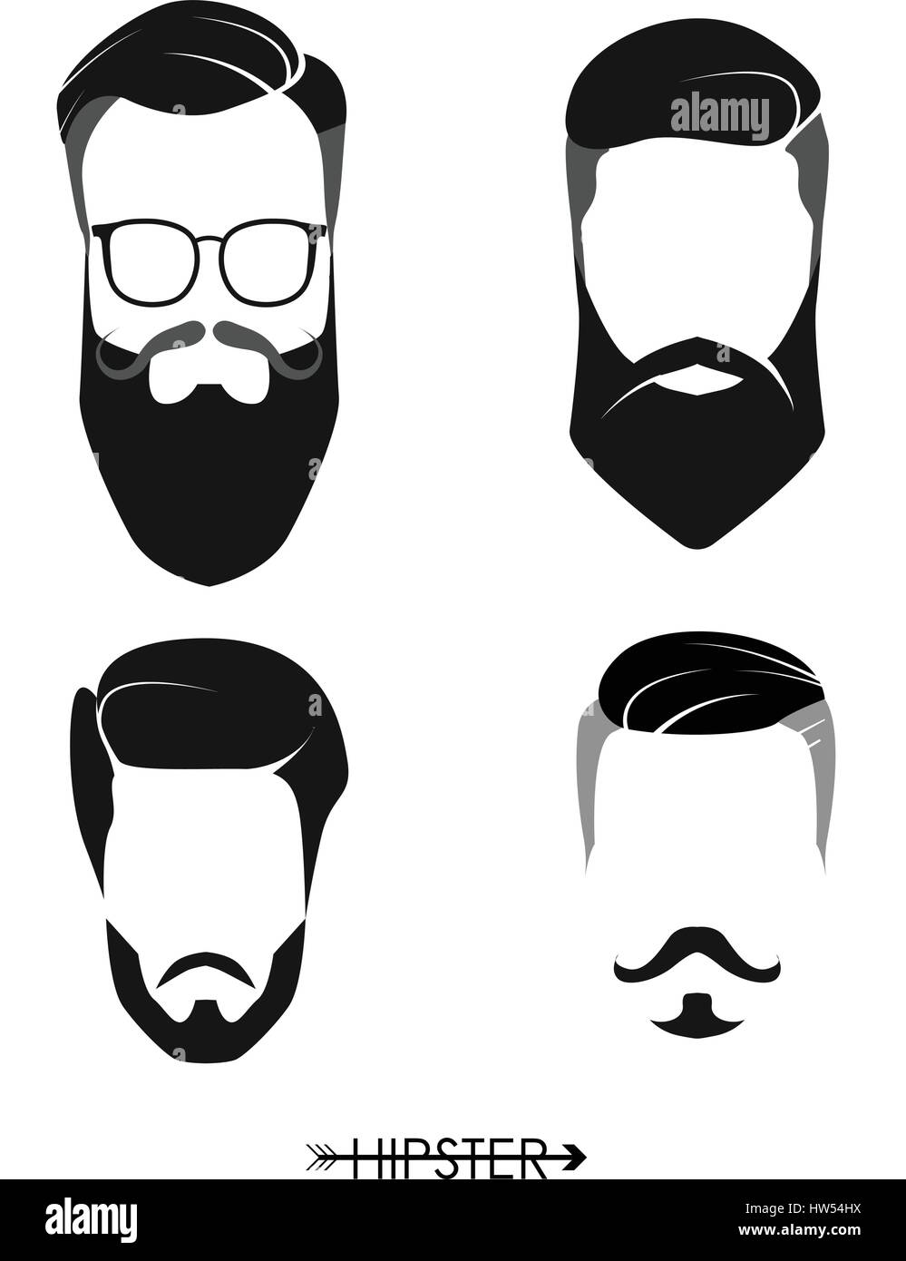 Set di hipster uomo parrucchieri, barbe, mustaches. Design semplice per logo, silhouette. Illustrazione Vettoriale. Illustrazione Vettoriale
