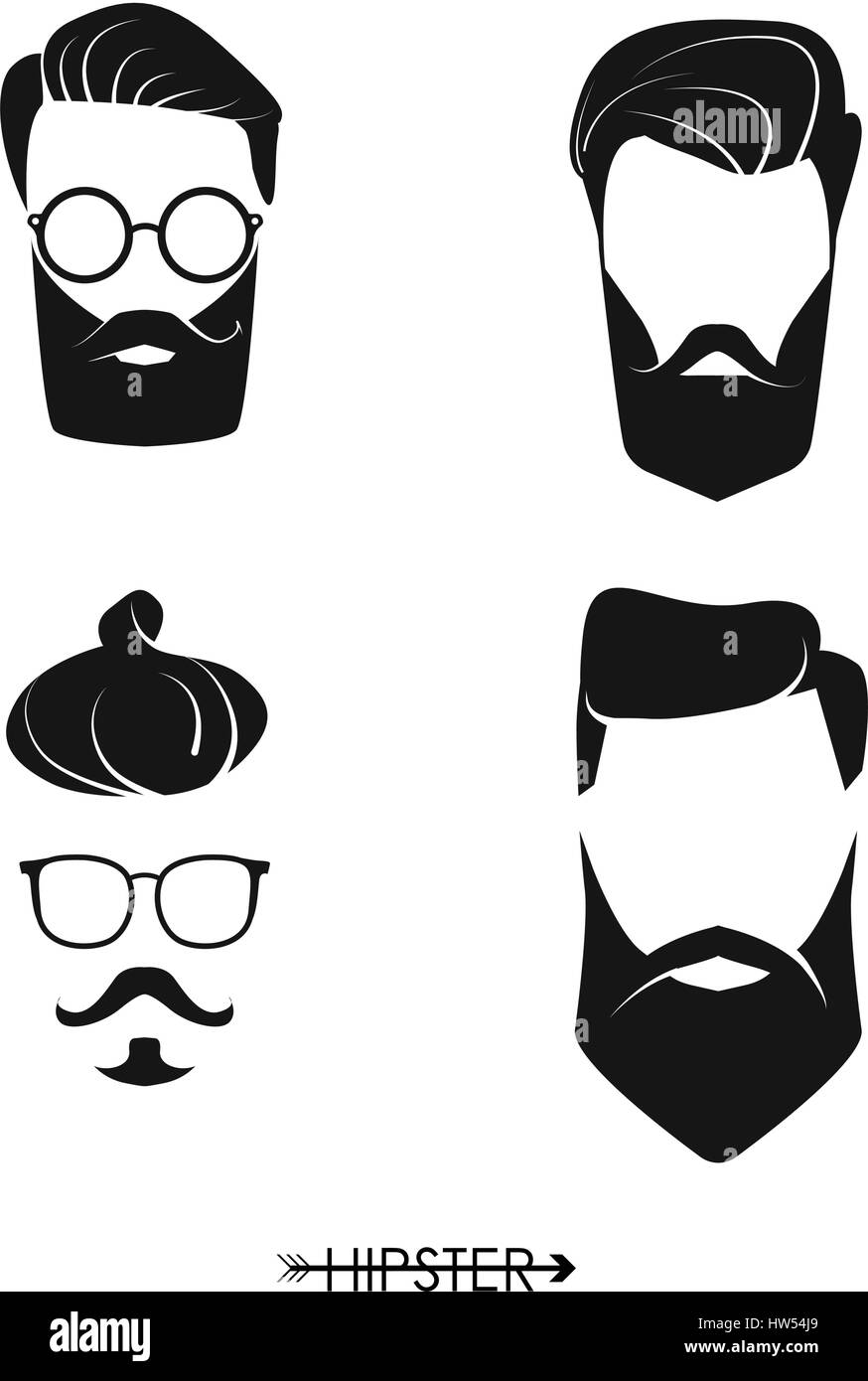 Set di hipster uomo parrucchieri, barbe, mustaches. Design semplice per logo, silhouette. Illustrazione Vettoriale. Illustrazione Vettoriale