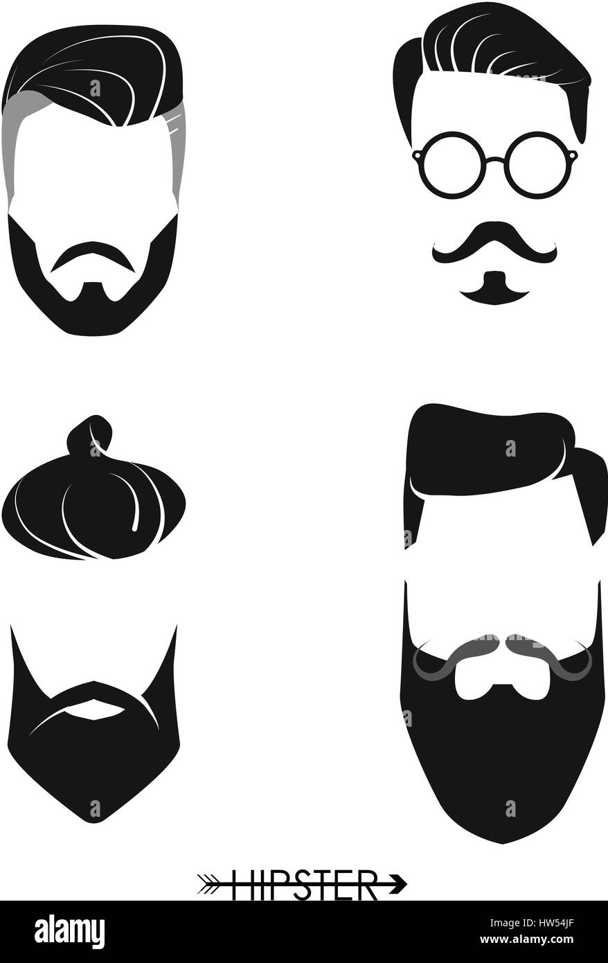 Set di hipster uomo parrucchieri, barbe, mustaches. Design semplice per logo, silhouette. Illustrazione Vettoriale. Illustrazione Vettoriale