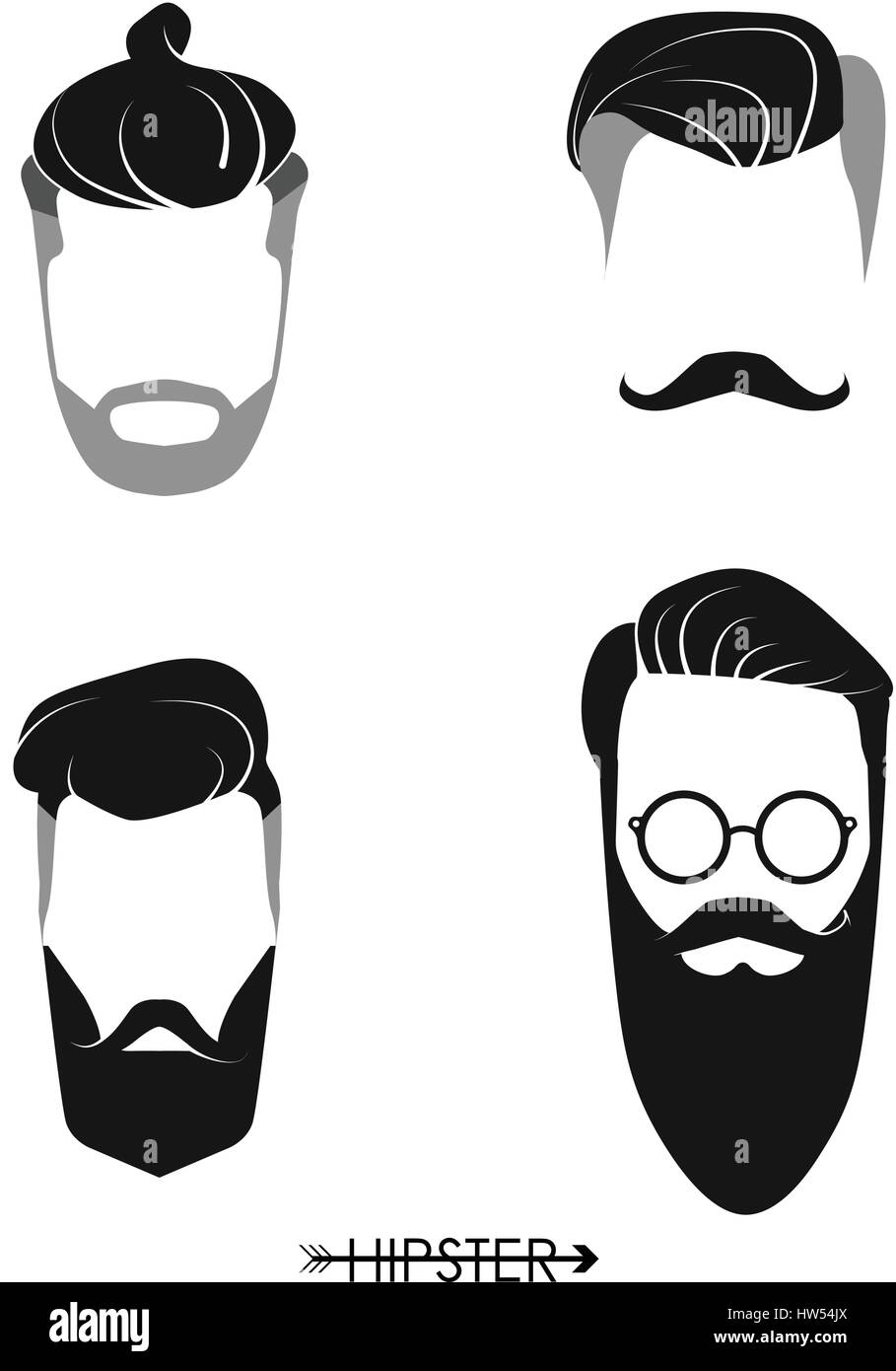 Set di hipster uomo parrucchieri, barbe, mustaches. Design semplice per logo, silhouette. Illustrazione Vettoriale. Illustrazione Vettoriale