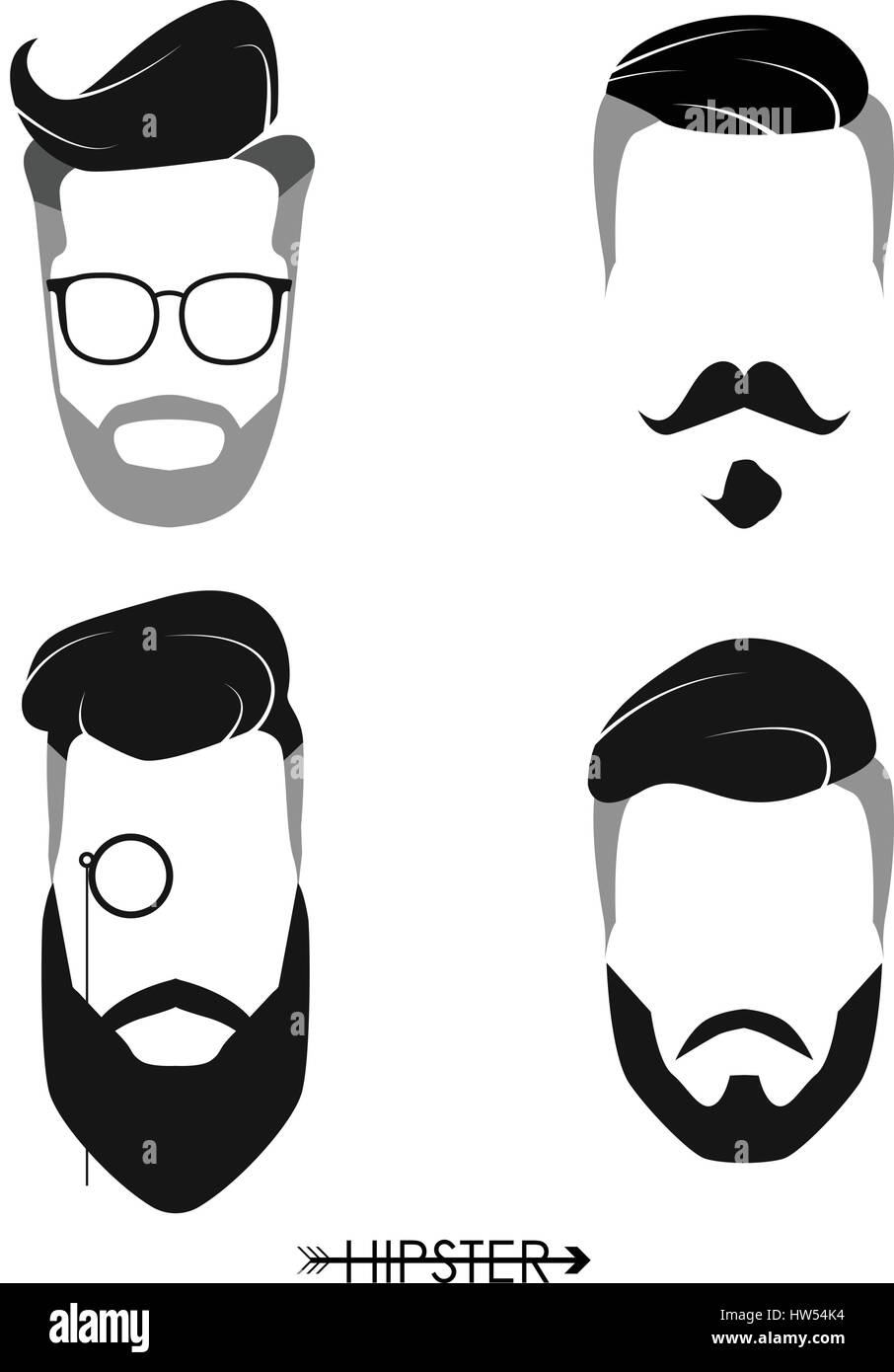 Set di hipster uomo parrucchieri, barbe, mustaches. Design semplice per logo, silhouette. Illustrazione Vettoriale. Illustrazione Vettoriale