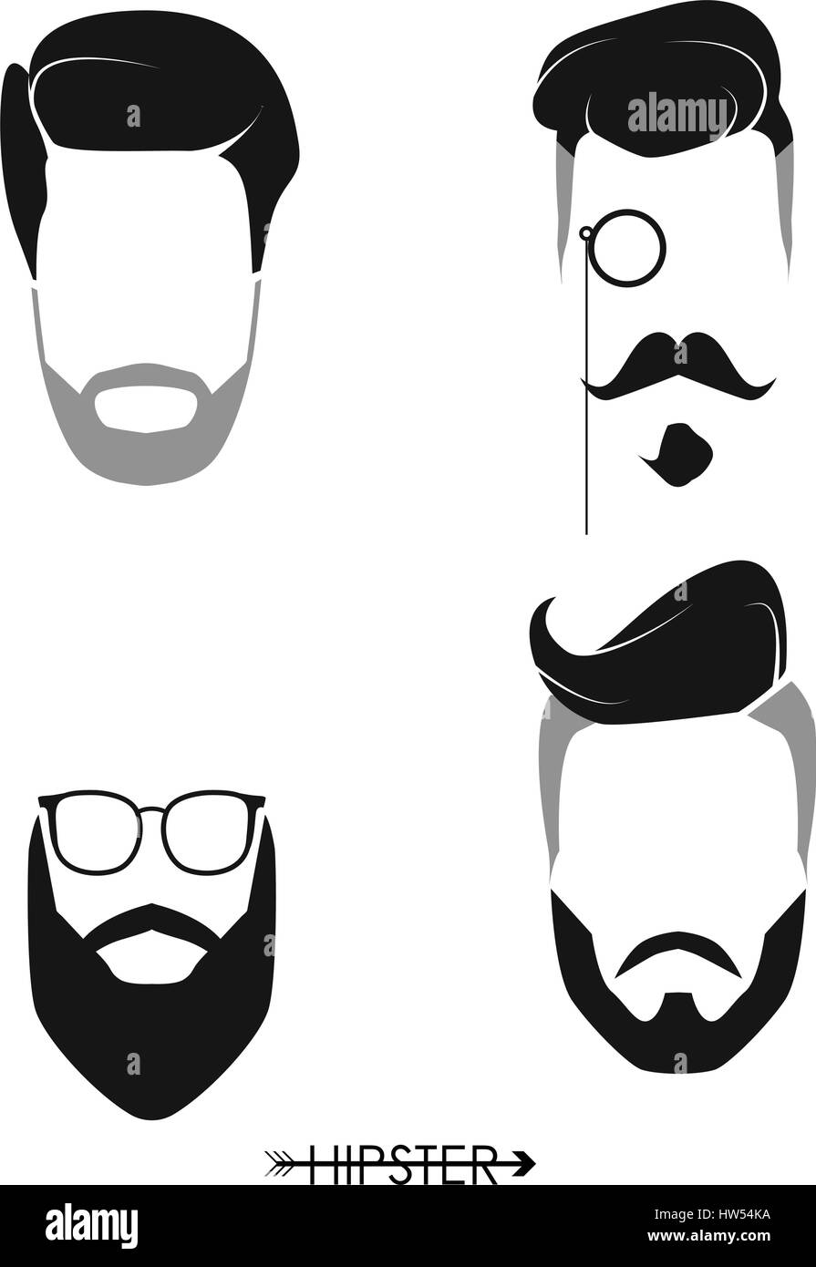 Set di hipster uomo parrucchieri, barbe, mustaches. Design semplice per logo, silhouette. Illustrazione Vettoriale. Illustrazione Vettoriale