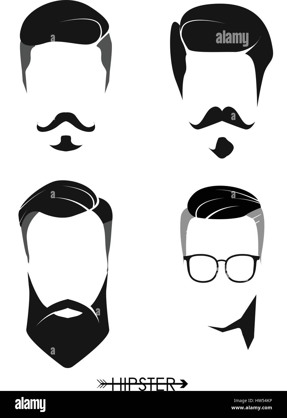 Set di hipster uomo parrucchieri, barbe, mustaches. Design semplice per logo, silhouette. Illustrazione Vettoriale. Illustrazione Vettoriale