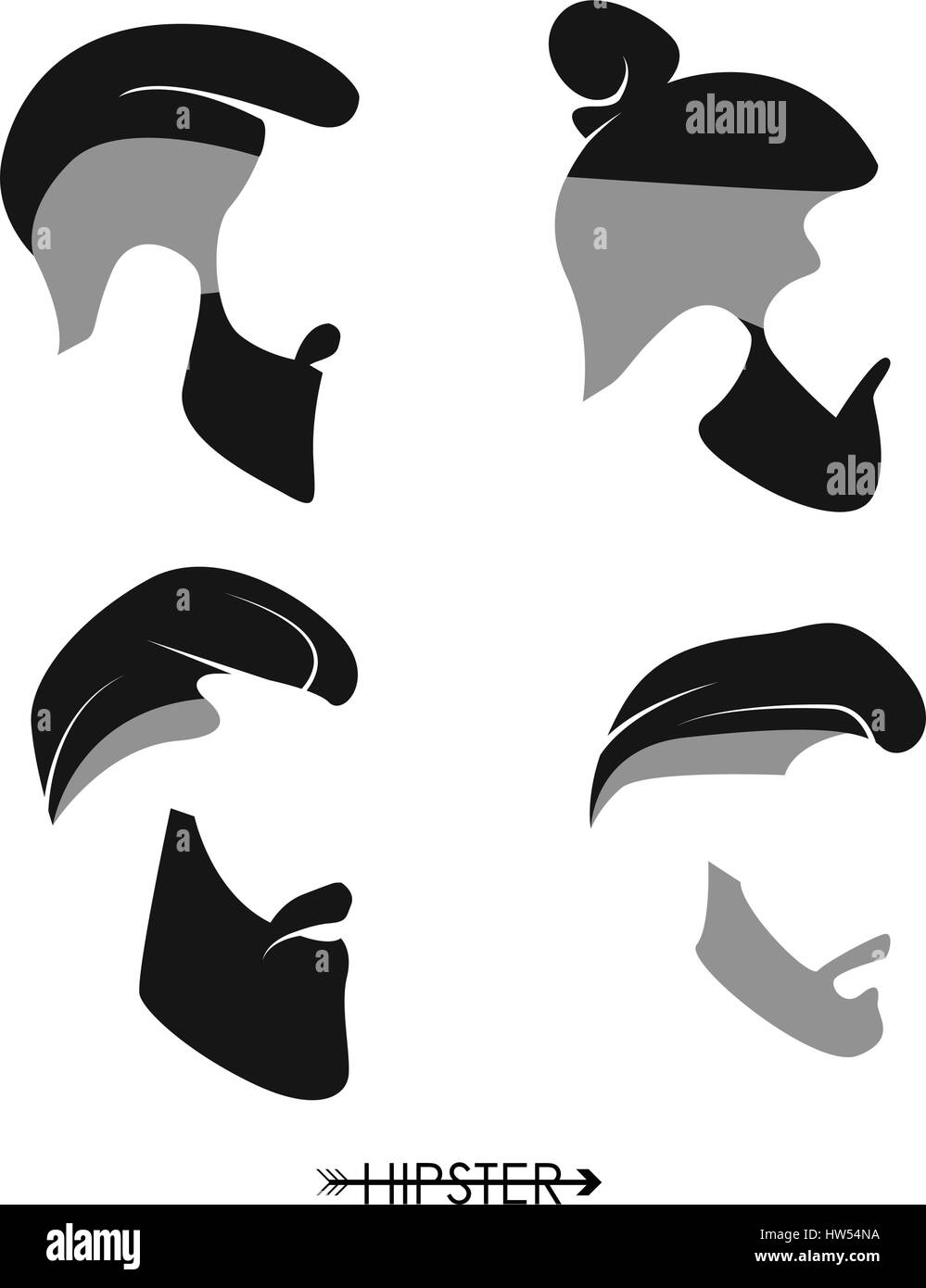 Set di hipster uomo parrucchieri, barbe, mustaches. Design semplice per logo, silhouette. Illustrazione Vettoriale. Illustrazione Vettoriale