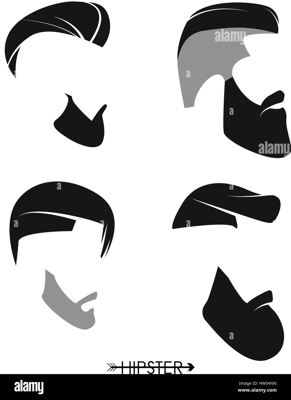Set di hipster uomo parrucchieri, barbe, mustaches. Design semplice per logo, silhouette. Illustrazione Vettoriale. Illustrazione Vettoriale