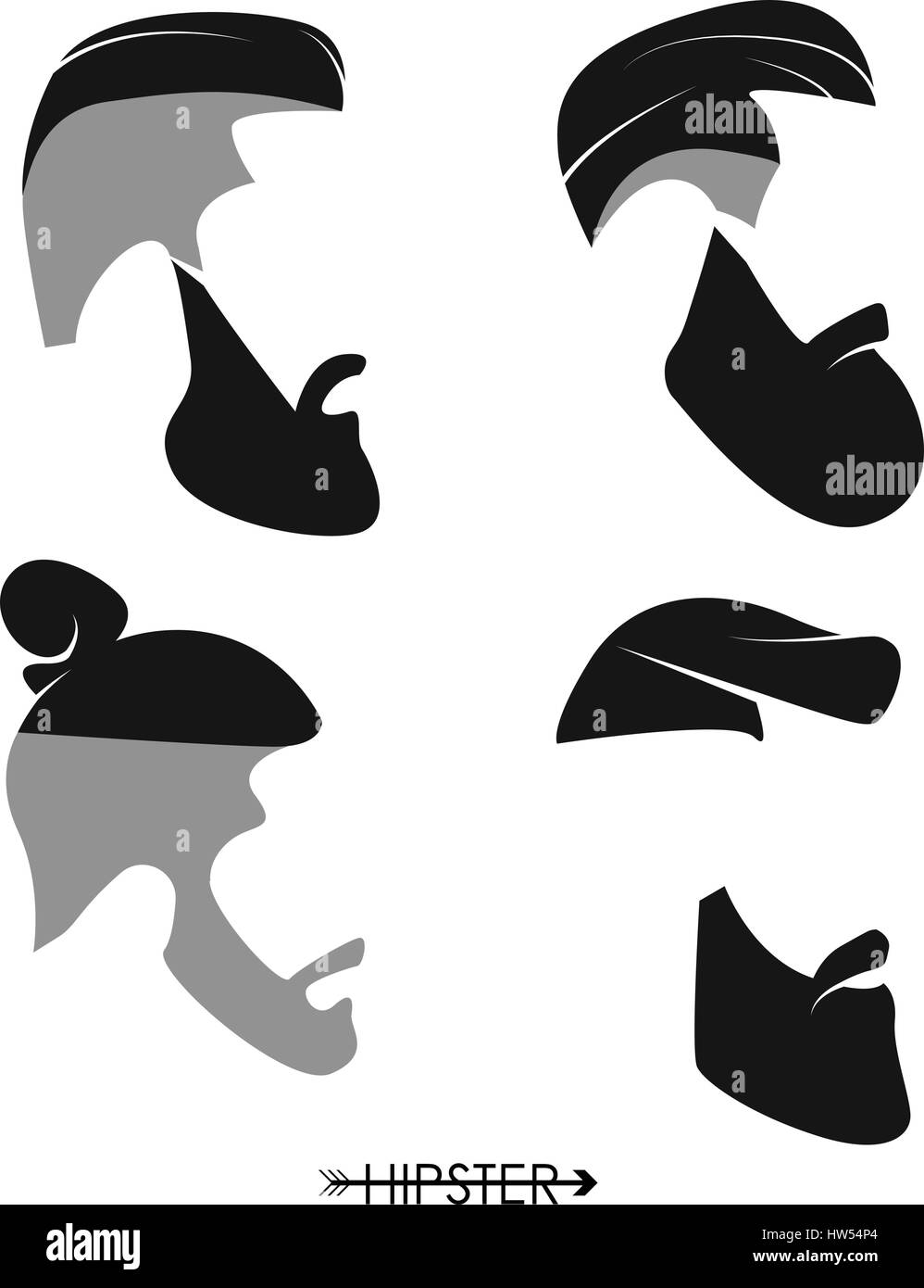 Set di hipster uomo parrucchieri, barbe, mustaches. Design semplice per logo, silhouette. Illustrazione Vettoriale. Illustrazione Vettoriale