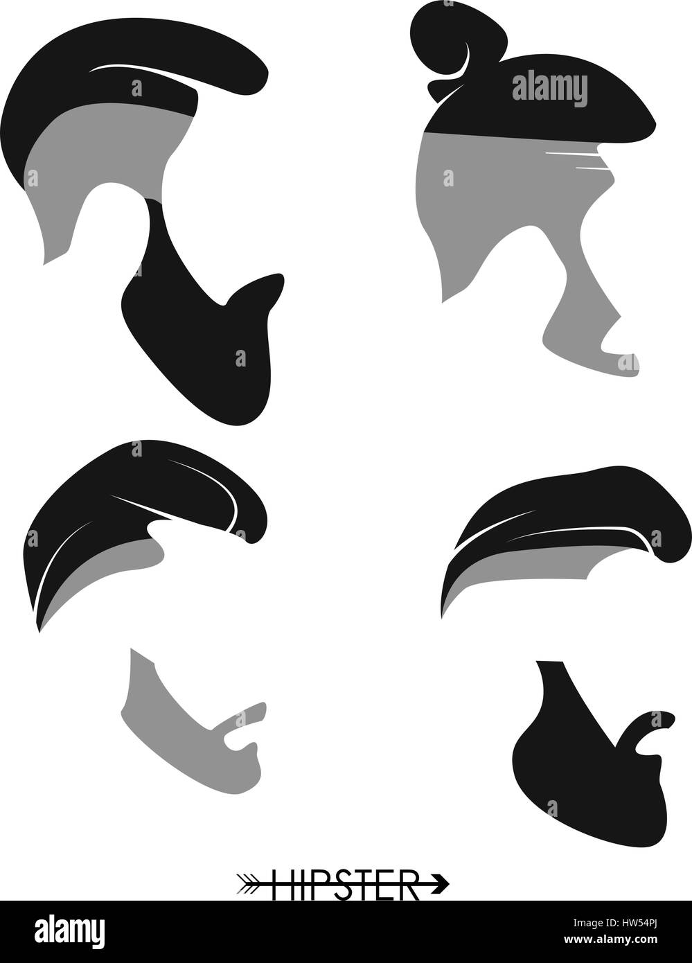 Set di hipster uomo parrucchieri, barbe, mustaches. Design semplice per logo, silhouette. Illustrazione Vettoriale. Illustrazione Vettoriale