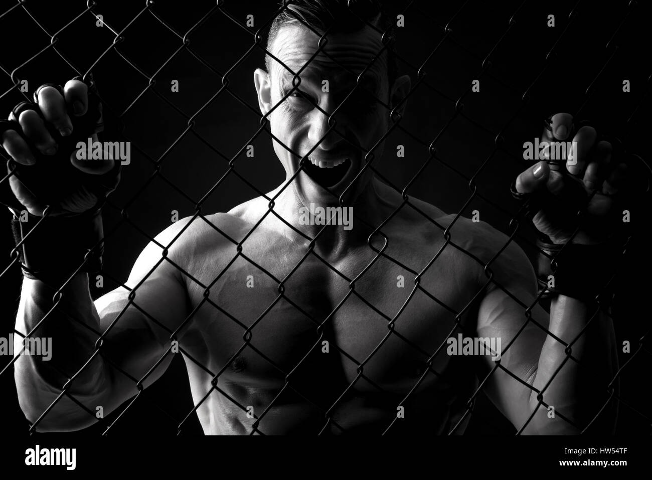 Forte di Mixed Martial Arts fighter all'interno della gabbia Foto Stock