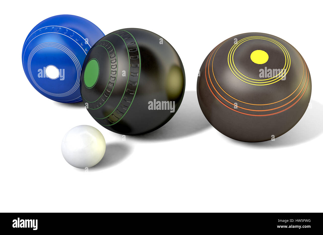 Tre differenti modelli di prato palle da bowling che circonda un jack bianco isolato su un bianco di sfondo per studio - 3D render Foto Stock