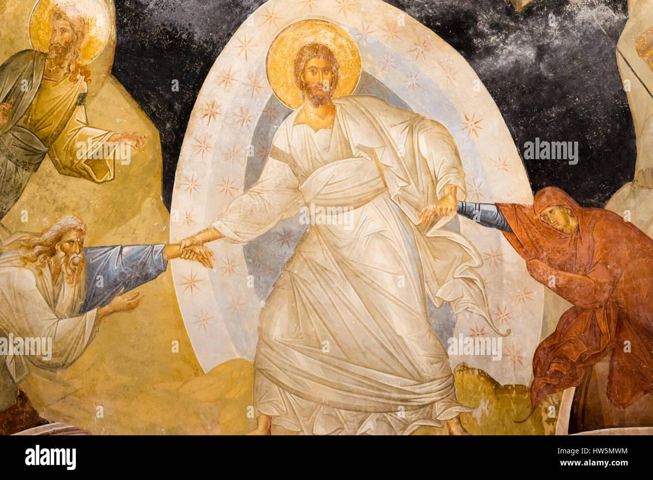 Cristo è tirando Adamo ed Eva (l'uomo) dagli inferi, pittura ad affresco nella chiesa del Cora, Istanbul, Ott 11, 2013 Foto Stock