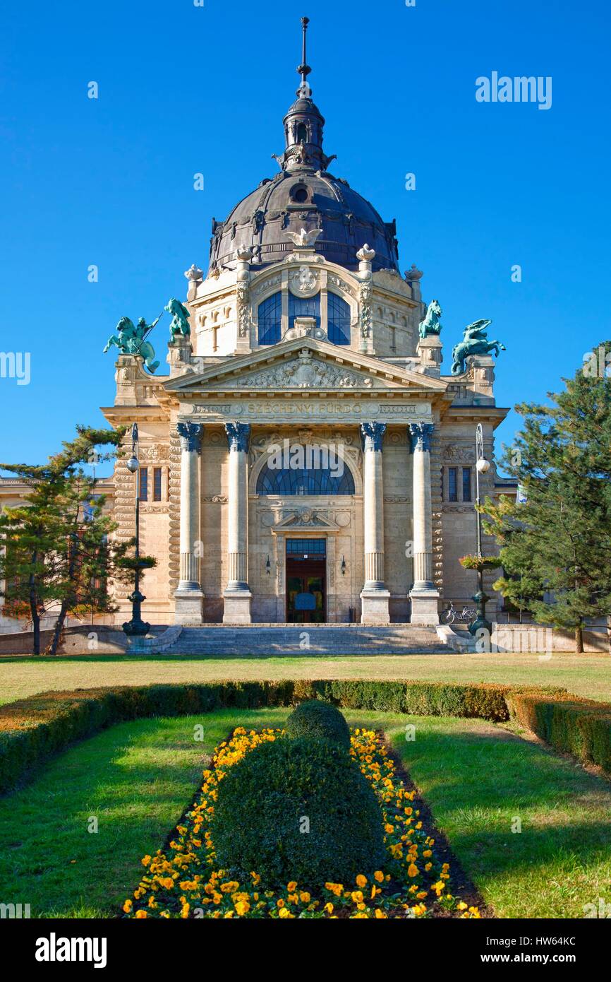 Ungheria, Budapest, elencato come patrimonio mondiale dall' UNESCO, l'Entrata Principale di bagni Szechenyi Foto Stock