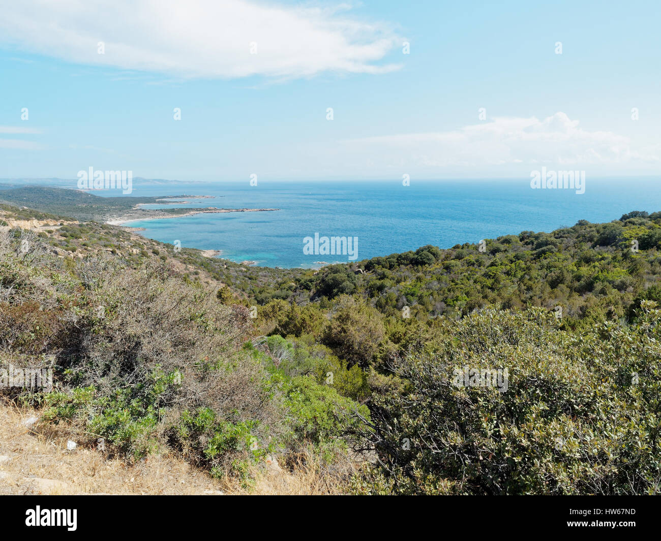 Vista della costa della Corsica vicino a Bonifacio denominato Reserve Naturelle des Bouches de Bonifacio, Corsica, Francia, Mediterranea Foto Stock
