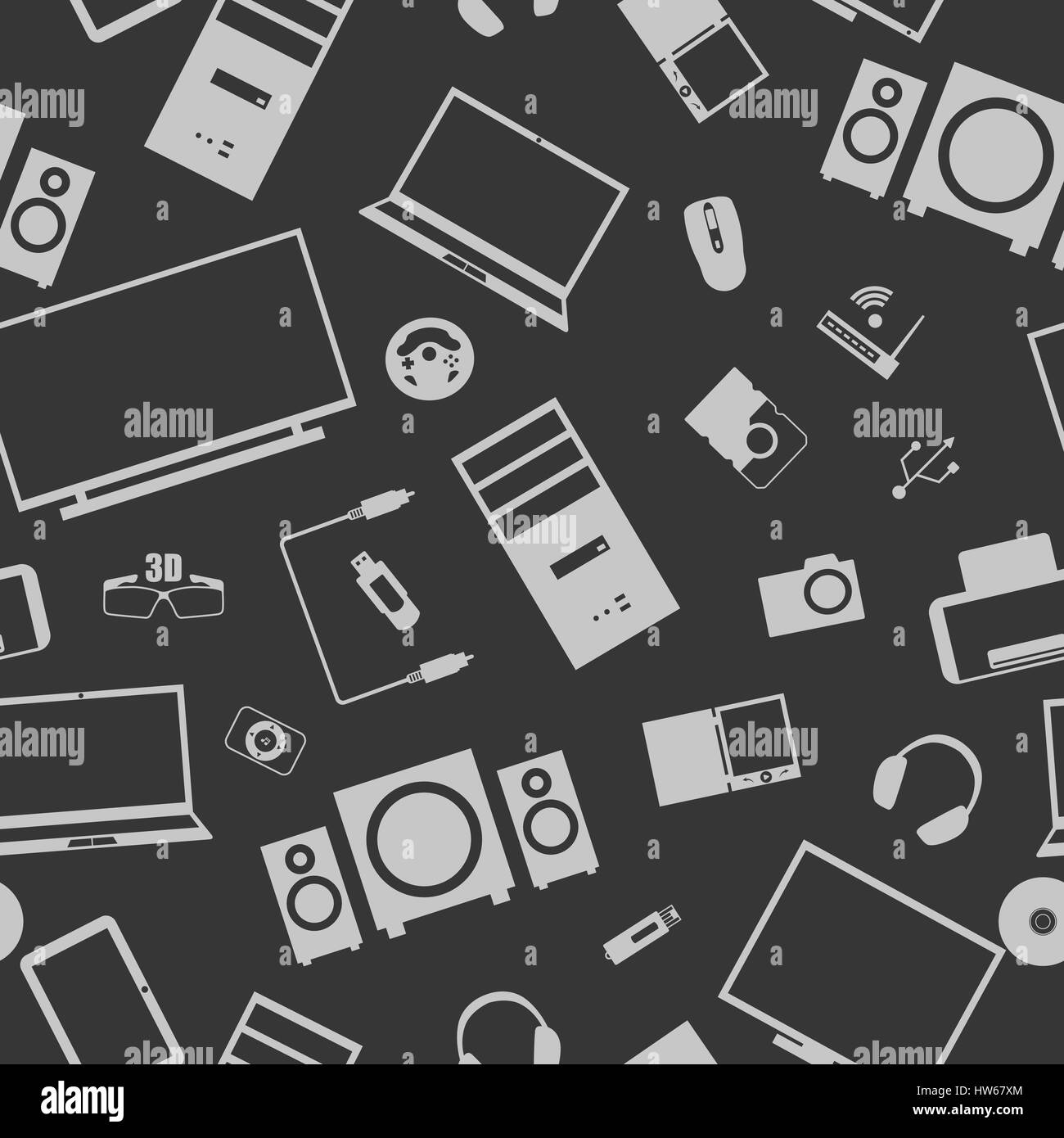 Sfondo senza soluzione di continuità da un insieme di dispositivi digitali e accessori per computer, illustrazione vettoriale. Illustrazione Vettoriale