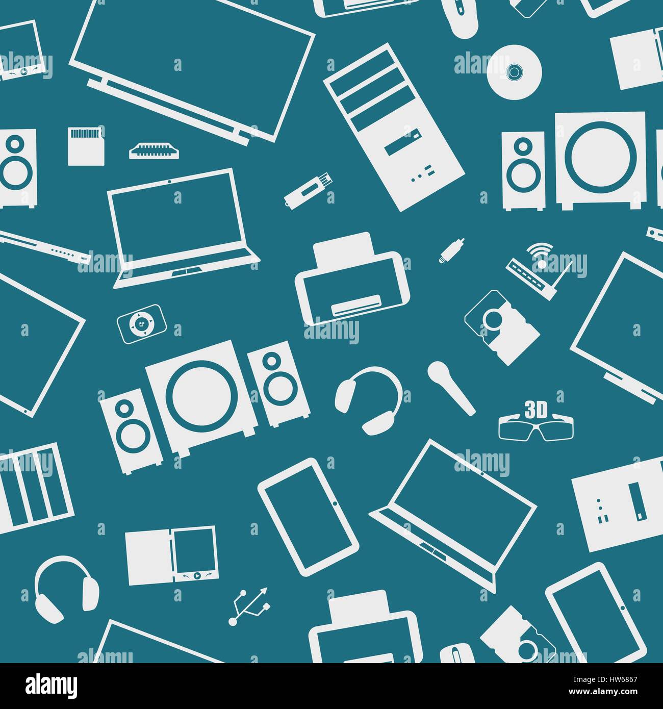 Sfondo senza soluzione di continuità da un insieme di dispositivi digitali e accessori per computer, illustrazione vettoriale. Illustrazione Vettoriale