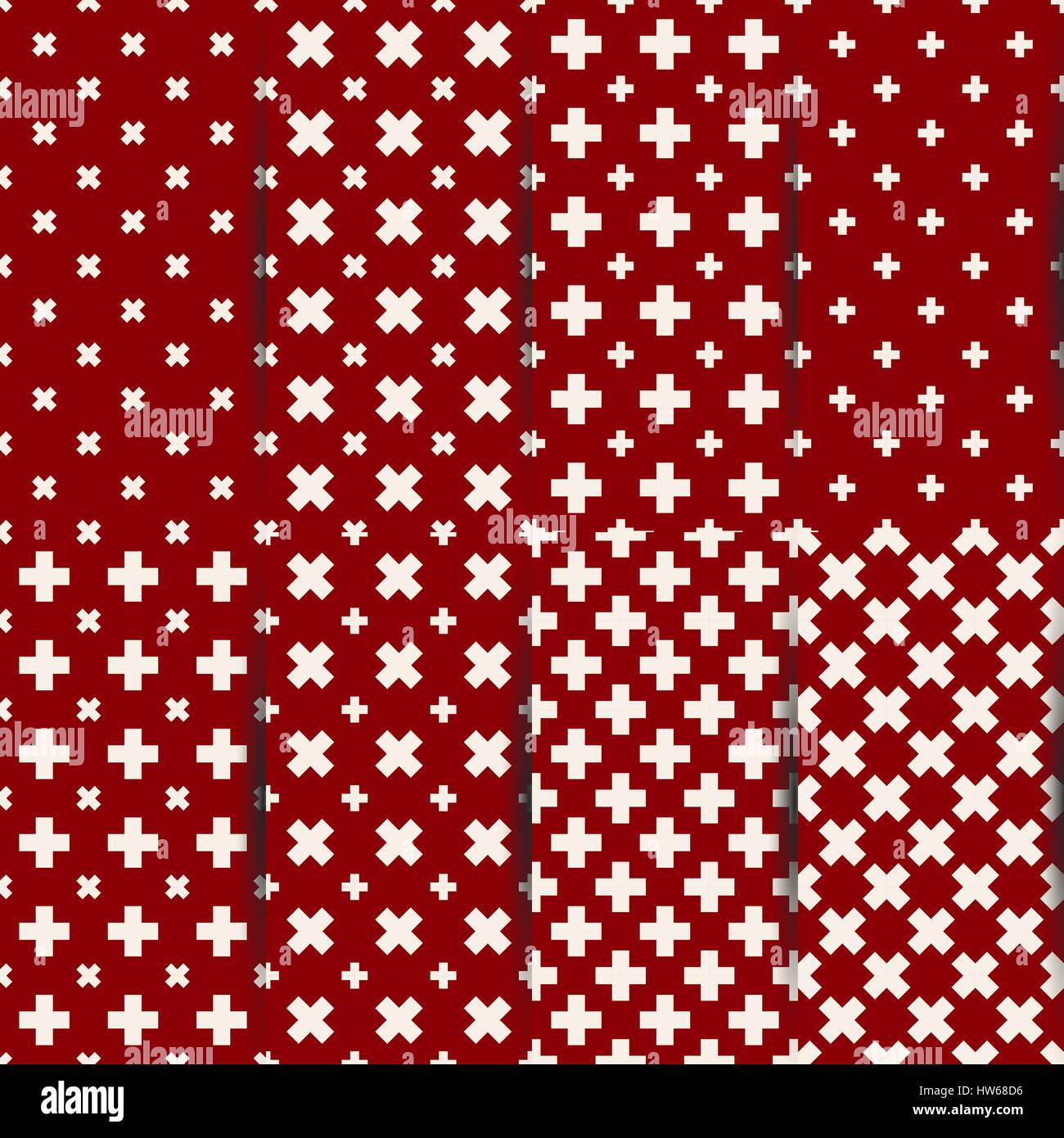 Set di otto rosso e bianco modelli senza soluzione di continuità da diverse croci, ripetendo le piastrelle geometriche, illustrazione vettoriale. Illustrazione Vettoriale