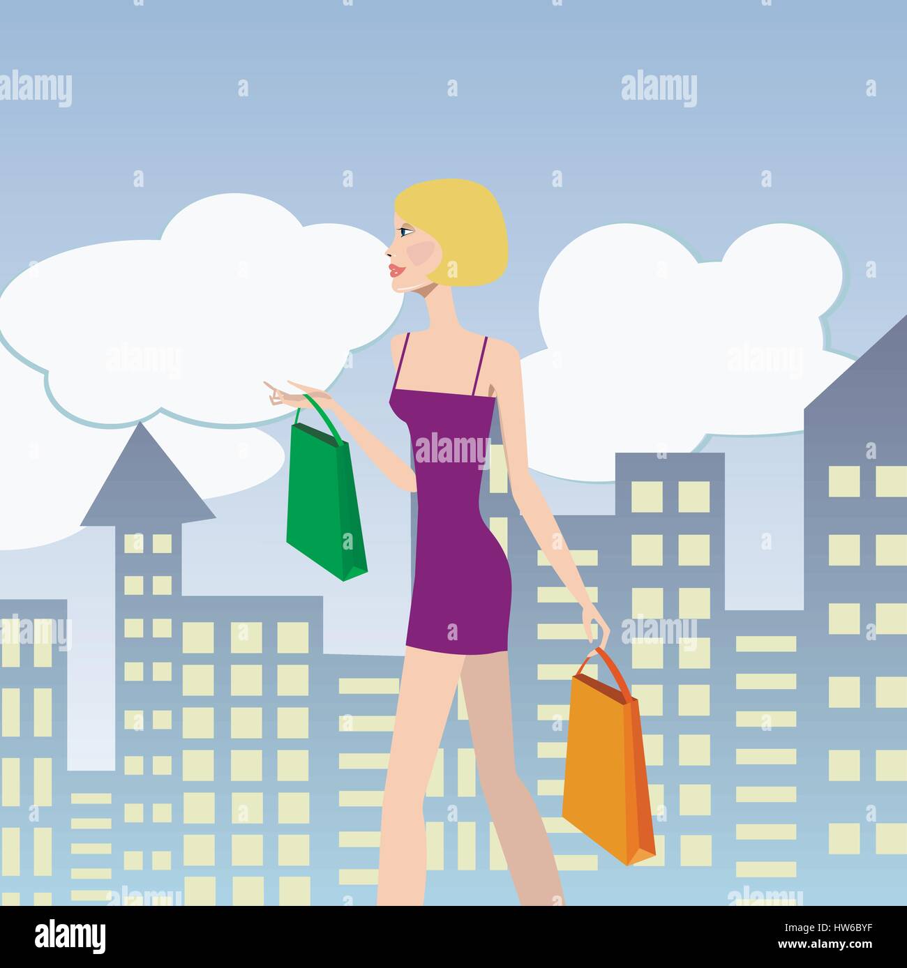 Donna shopping. ragazza con borse per lo shopping a piedi giù per la strada Illustrazione Vettoriale