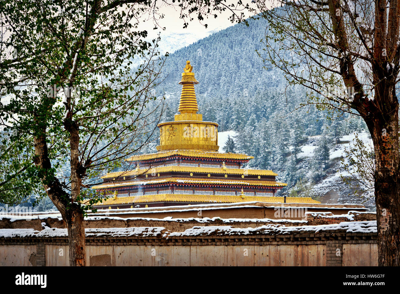 La pagoda dorata nel monastero di Labrang di Xiahe, provincia di Gansu, Cina Foto Stock