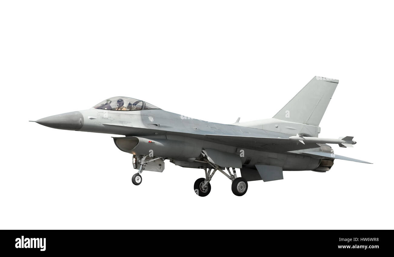 Militari non Marcati caccia in atterraggio approccio isolato su bianco Foto Stock