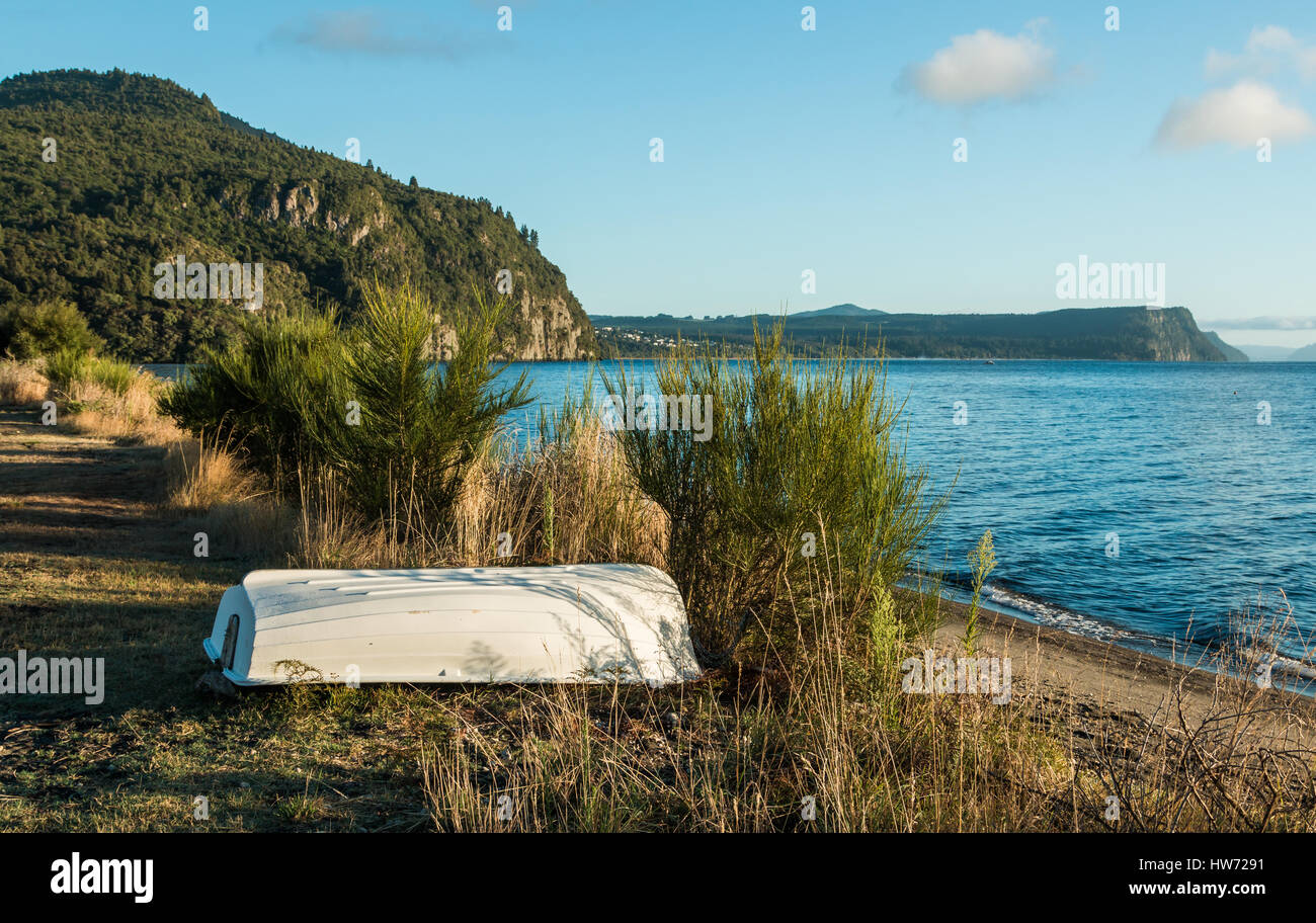 Una riga bianca barca dalle limpide acque blu del lago Taupo, Nuova Zelanda. Foto Stock