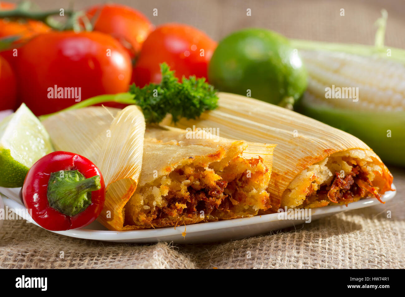 Mexican tamale avvolti in Corn buccia servito sulla piastra. Foto Stock