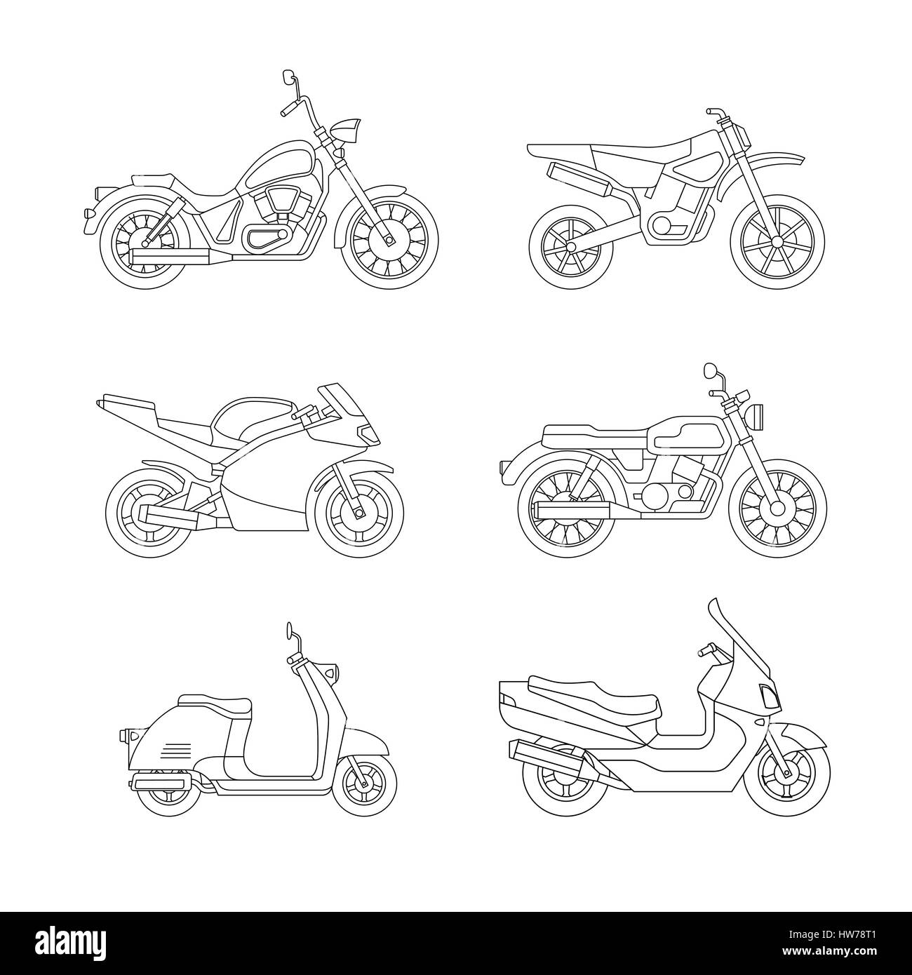 Moto e Scooter linea set di icone. Illustrazione Vettoriale
