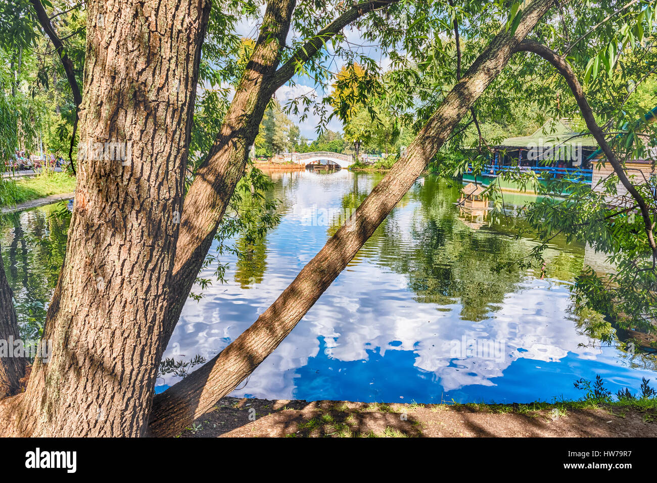 Idilliaci lago interno Gorky Park nel centro di Mosca, Russia Foto Stock