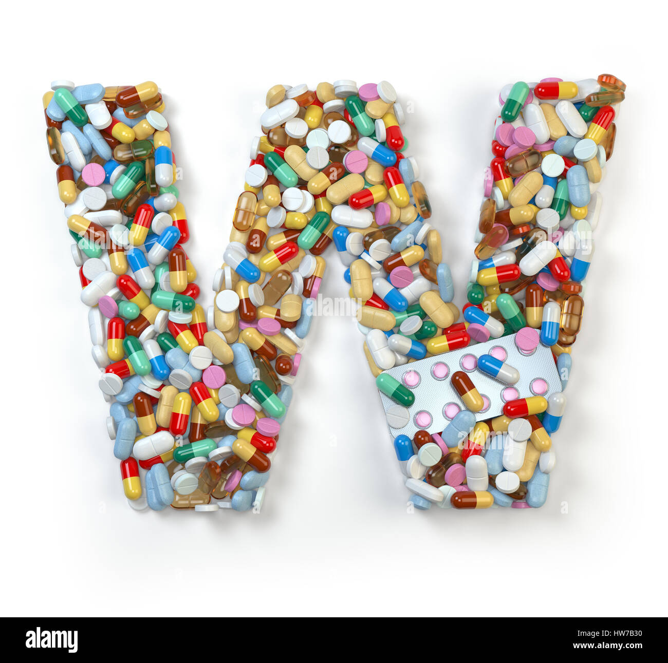 Lettera W. Set di alfabeto di medicina pillole, capsule, compresse e blister isolato su bianco. 3d illustratio Foto Stock