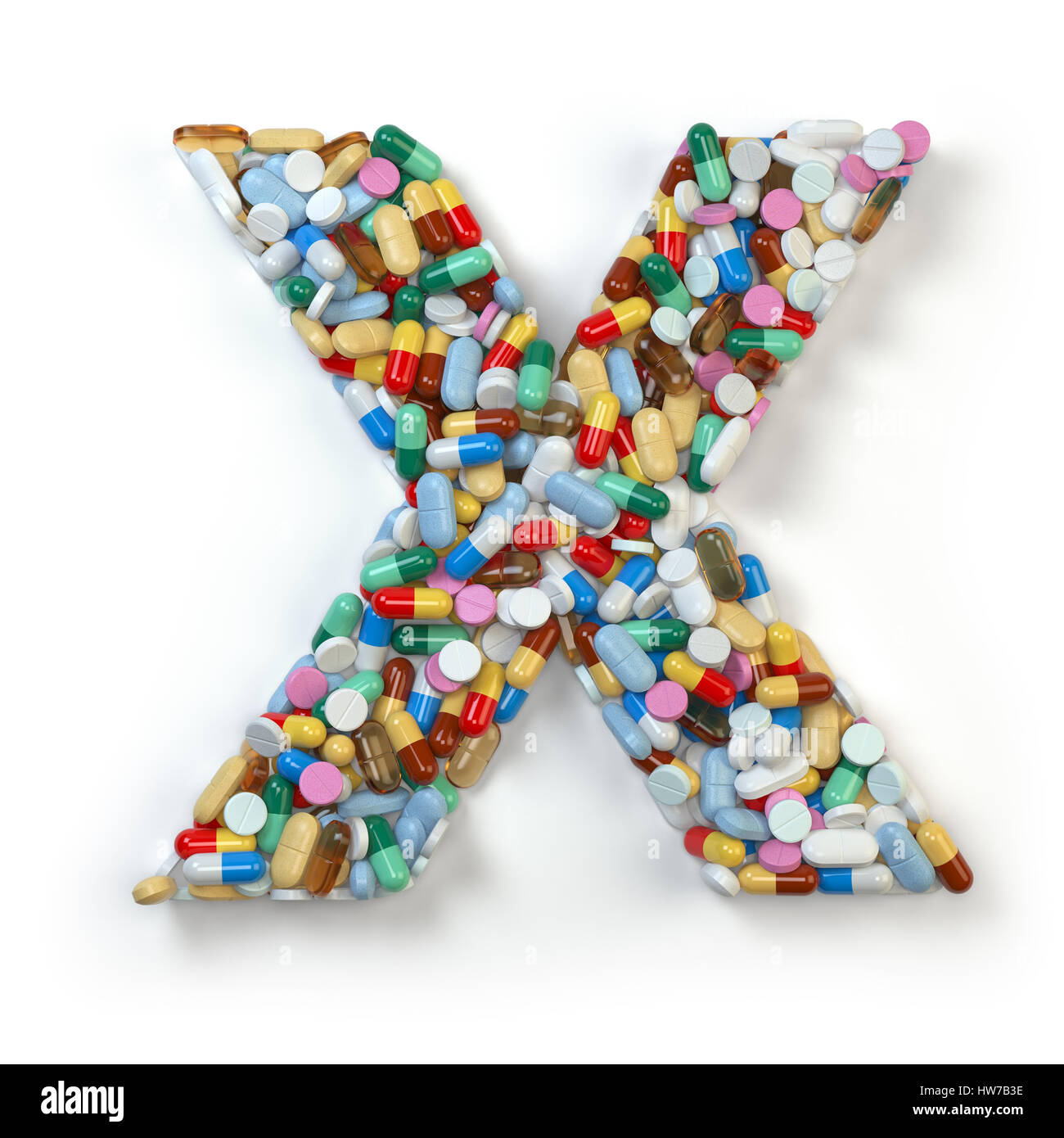 Lettera X. Set di alfabeto di medicina pillole, capsule, compresse e blister isolato su bianco. 3d illustratio Foto Stock