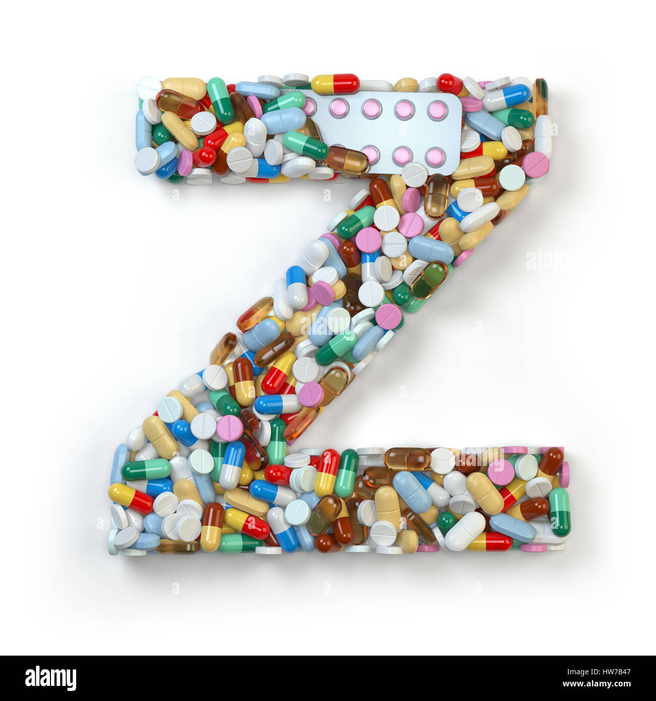 Lettera Z. Set di alfabeto di medicina pillole, capsule, compresse e blister isolato su bianco. 3d illustratio Foto Stock